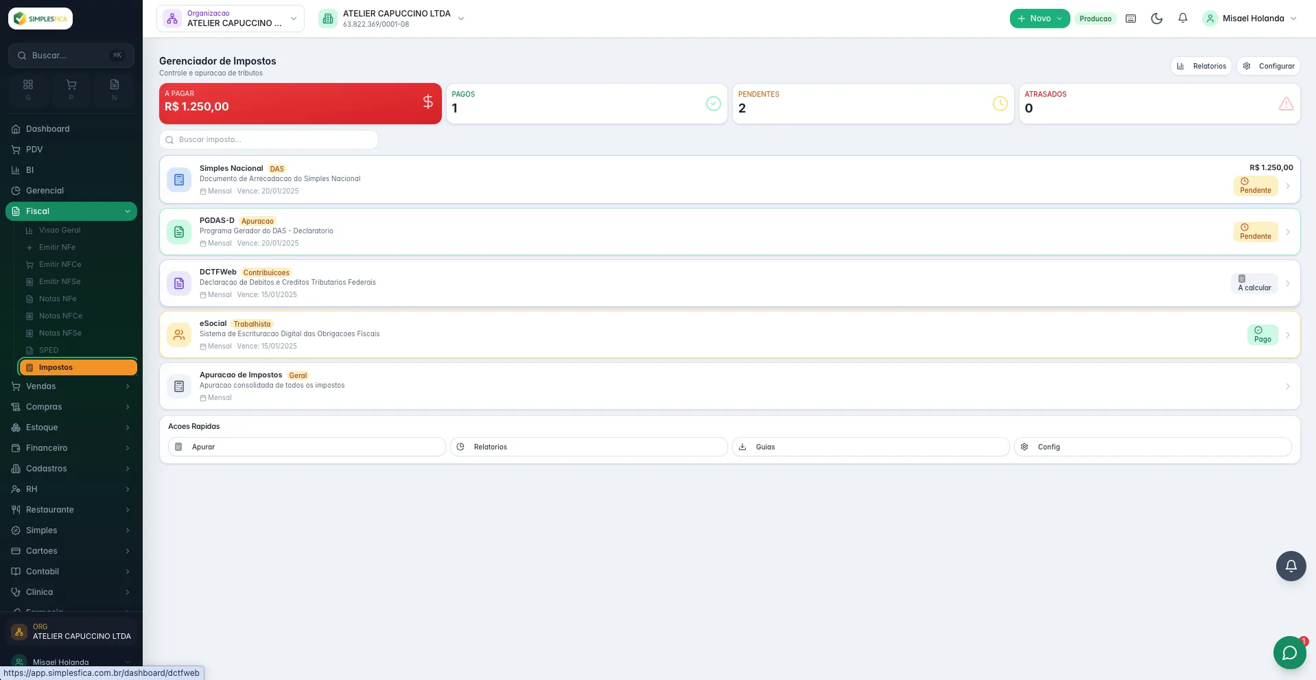 Tela do módulo Impostos do SimplesFica